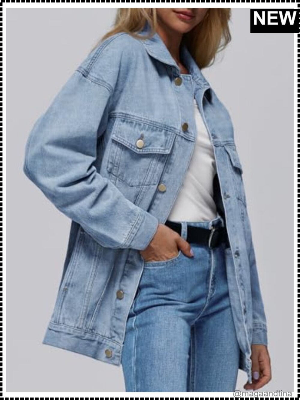 Oversized Button Down Denim Jacket with Pockets Distressed